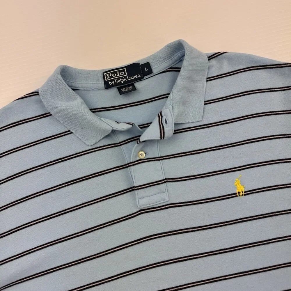 Polo Ralph Lauren Mens L Blue Striped Polo Shirt Yellow Pony Short Sleeve